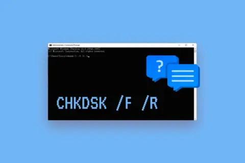 Wiersz poleceń z komendą CHKDSK /F /R, sugerującą naprawę błędów dysku. Dwa dymki dialogowe symbolizują pytania i odpowiedzi.