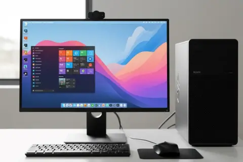 Nowoczesny komputer z kolorową tapetą i menu start. Zastanawiasz się, oem co to? To producent sprzętu komputerowego.