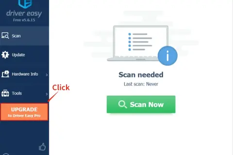 Interfejs programu Driver Easy. Widoczny przycisk "Scan Now" sugeruje potrzebę aktualizacji sterowników.