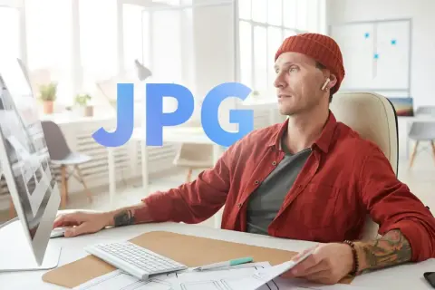 Mężczyzna w czapce i czerwonej koszuli pracuje przy komputerze, tworząc projekt graficzny. Duży napis JPG sugeruje, że pracuje nad plikiem graficznym.