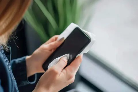 Dłonie z paznokciami w szarym lakierze wykonują czyszczenie telefonu chusteczką.