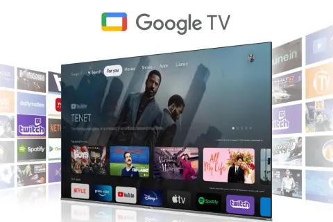 Google TV prezentuje interfejs z filmem "Tenet" i rekomendacjami. Odkryj świat rozrywki na swoim telewizorze.