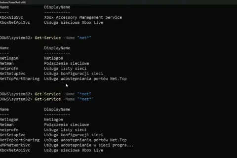 Wiersz poleceń PowerShell wyświetla listę usług sieciowych, w tym "netprofm" w stanie "Running".