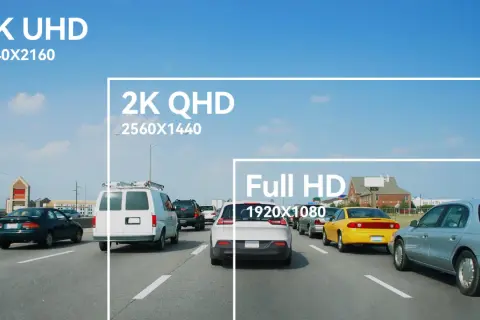 Porównanie jakości obrazu: 4K UHD, 2K QHD i Full HD na tle ruchu ulicznego.