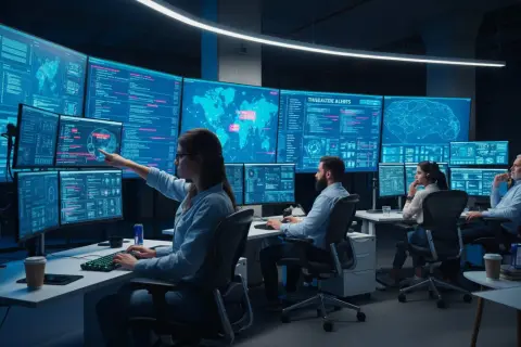 Zespół pracuje w centrum monitorowania, analizując dane na wielkoekranowych monitorach. Kobieta wskazuje na ekran, gdzie widać mapę świata i dane o zagrożeniach.