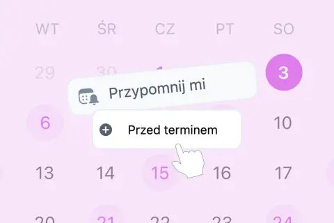 Kalendarz z opcją "Przypomnij mi" i wyborem "Przed terminem". Ta aplikacja pomoże Ci pamiętać o ważnych datach.