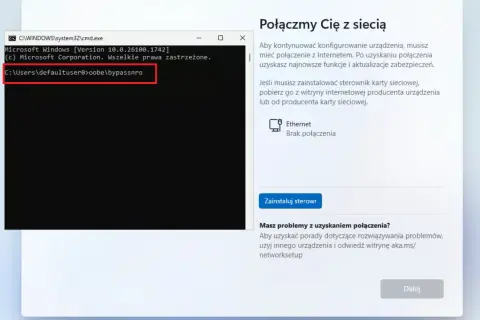 Komunikat o błędzie podczas aktualizacji Windows 11, pokazujący wiersz poleceń z komendą "oobe\bypassnro" i okno z prośbą o połączenie z siecią.