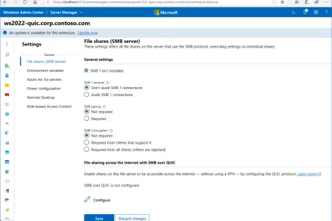 Ustawienia serwera SMB: SMB 1 nie jest zainstalowany, konfiguracja podpisywania i szyfrowania SMB, a także udostępnianie plików przez SMB over QUIC.