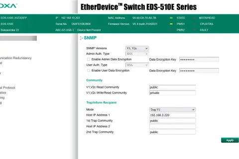 Konfiguracja SNMP dla urządzenia EtherDevice™ Switch EDS-510E. Ustawienia wersji, uwierzytelniania i społeczności SNMP.