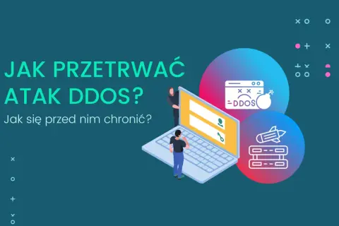 Grafika ilustruje jak przetrwać atak DDoS. Widzimy laptopa, ikonę bomby z napisem DDoS i rakietę atakującą serwery.