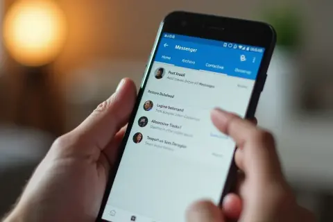 Palec dotyka ekranu telefonu z aplikacją Messenger, szukając sposobu, jak odzyskać usunięte wiadomości z messengera.