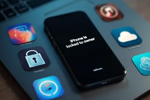 Zablokowany iPhone z komunikatem "iPhone is locked to owner". Ikony sugerują, jak odblokować iPhone'a, np. przez iTunes lub iCloud.