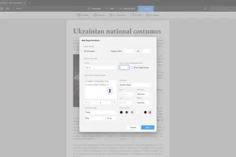 Ustawianie numerowania stron PDF. Okno dialogowe pozwala wybrać zakres stron, styl, pozycję i formatowanie numerów.