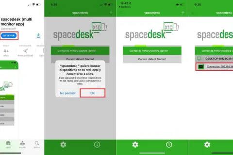 Aplikacja spacedesk do rozszerzania ekranu. Widok sklepu z aplikacjami, okno dialogowe z prośbą o pozwolenie na wyszukiwanie urządzeń w sieci, oraz ekran połączenia z komputerem.