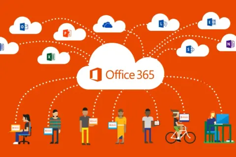 Dostęp do Office 365 online za darmo. Chmura z ikonami aplikacji (Word, Excel, Outlook, PowerPoint) połączona z ludźmi pracującymi na różnych urządzeniach.