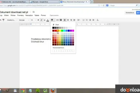 Wybór koloru tekstu w edytorze Google Docs. Możliwość wyboru spośród wielu barw, w tym niestandardowe, dla idealnego wyjustowanie tekstu.