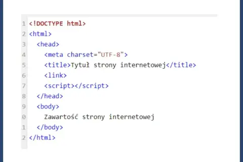 Podstawowy kod html, pokazujący strukturę strony: doctype, html, head z meta, title, link, script, oraz body z zawartością.