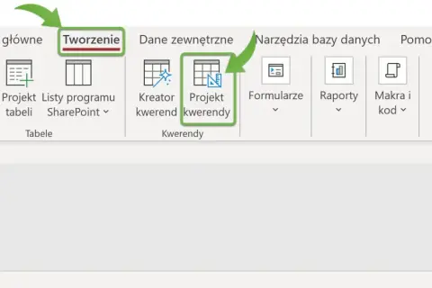 Narzędzie "Projekt kwerendy" w zakładce "Tworzenie" pozwala na budowanie złożonych zapytań do bazy danych.