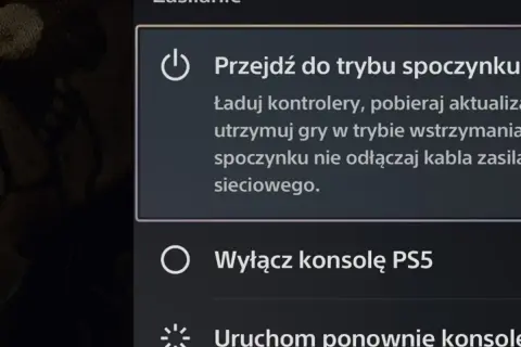 Menu zasilania PS5: opcja "Wyłącz konsolę PS5" jest widoczna, pokazując jak wyłączyć PS5.