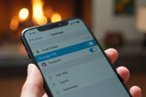 Dłoń trzyma smartfon z otwartym menu "Ustawienia", gdzie widoczna jest opcja "Change PIN".