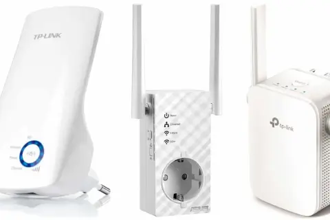 Trzy białe urządzenia, każdy wzmacniacz internetu, gotowe do poprawy zasięgu Wi-Fi w domu.