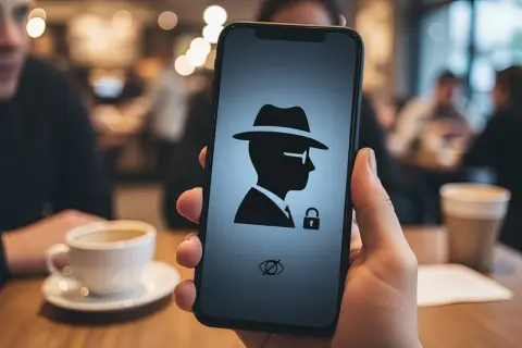 Telefon z ikoną szpiega i kłódką. Włącz tryb incognito, by przeglądać dyskretnie.