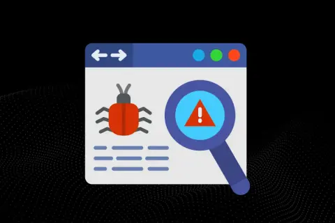 Grafika przedstawia okno przeglądarki z ikoną robaka, symbolem ostrzeżenia i lupą, sugerując wykrycie malware.