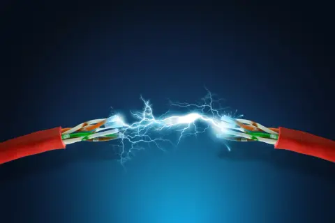 Przerwany kabel sieciowy z iskrzącymi przewodami, symbolizujący problem z ESD.