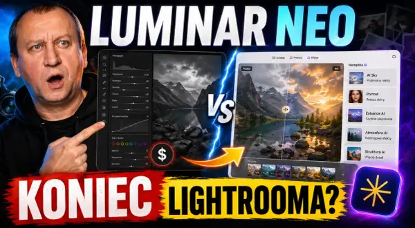 Mężczyzna z zaskoczoną miną porównuje edycję zdjęć w programie **Luminar** Neo z innymi narzędziami.
