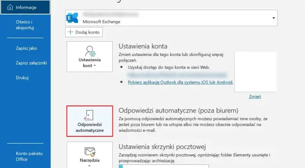 Ustawienia konta Outlook: włącz autoresponder, aby informować o nieobecności.