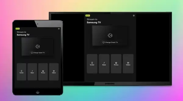 Tablet i telewizor Samsung z aplikacją do streamingu. Możliwość przesyłania ekranu, muzyki, zdjęć i filmów dzięki funkcji airplay.