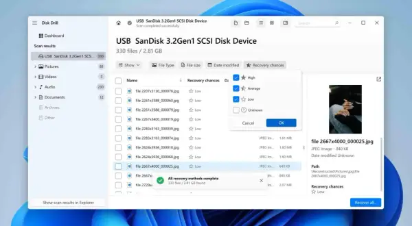 Program Disk Drill pokazuje wyniki skanowania dysku USB SanDisk. Widoczne są nazwy plików, szanse odzyskania i podgląd jednego z nich.