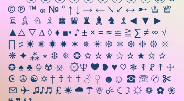 Kolekcja znaków specjalnych na klawiaturze: liczby, symbole, figury, symbole muzyczne, matematyczne, szachowe, religijne, emotikony i inne.