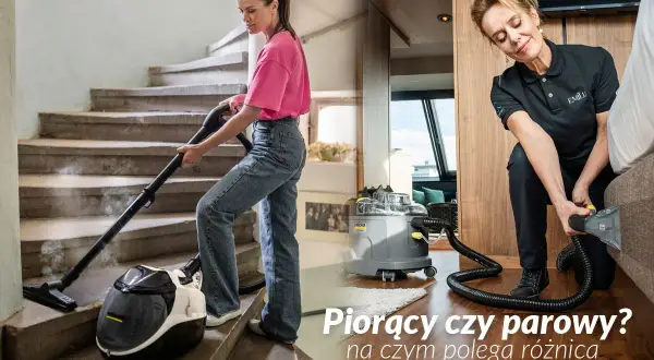 Kobieta czyści schody odkurzaczem piorącym, a druga kobieta tapicerkę. Sprawdź nasz odkurzacz piorący ranking.