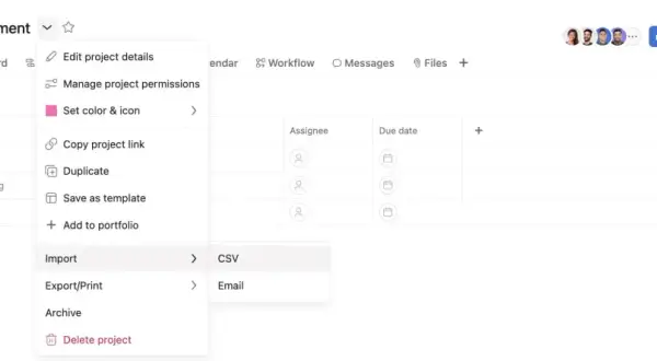 Menu importu projektu zawiera opcję plik CSV.