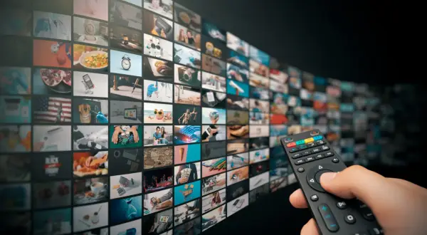 Dłoń trzyma pilota, wybierając treści z zakrzywionego ekranu pełnego miniatur, jak w interaktywnym menu HbbTV.