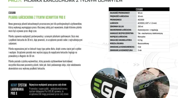 Pilarka łańcuchowa EGO CSX5000 z tylnym uchwytem, idealna do wymagających prac. Wydajność porównywalna z pilarkami spalinowymi.