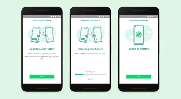 Jak przenieść WhatsApp na nowy telefon? Ekran importu historii czatów, postęp 30%, a na końcu potwierdzenie zakończenia.