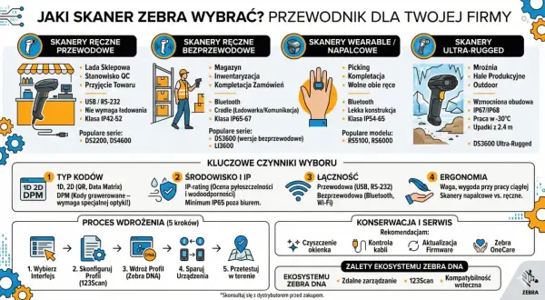 Skanery Zebra Ultra-Rugged, odporne na upadki i ekstremalne warunki, z klasą ochrony IP67/IP68, idealne do pracy w mroźniach i na halach produkcyjnych.