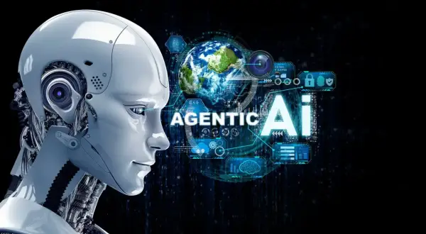 Głowa robota obok Ziemi, otoczona interfejsami i tekstem "AGENTIC AI".