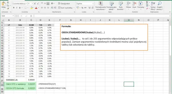 W Excelu formuła ODCH.STANDARDOWE oblicza odchylenie standardowe dla próby danych, np. z kolumny C.