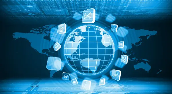 Globalna sieć symbolizująca, kiedy powstał internet, z ikonami aplikacji i mapą świata.