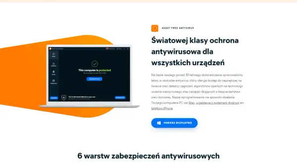 Laptop z interfejsem programu antywirusowego Avast Free Antivirus, pokazujący status "This computer is protected".