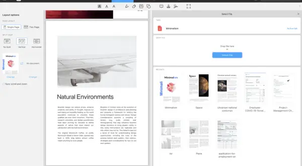 Jak połączyć pliki PDF? Interfejs programu do edycji PDF pokazuje opcje układu strony, podziału widoku i ostatnio otwierane dokumenty, sugerując sposób na scalenie plików.