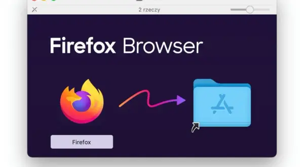 Ilustracja pokazuje, jak odinstalować aplikacje, przenosząc ikonę Firefox do folderu z ikoną App Store.