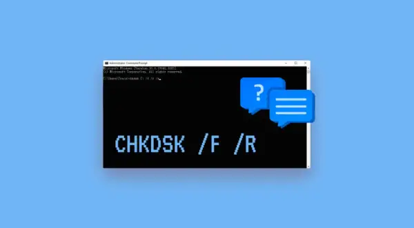 Wiersz poleceń z komendą CHKDSK /F /R, sugerującą naprawę błędów dysku. Dwa dymki dialogowe symbolizują pytania i odpowiedzi.