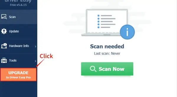 Interfejs programu Driver Easy. Widoczny przycisk "Scan Now" sugeruje potrzebę aktualizacji sterowników.