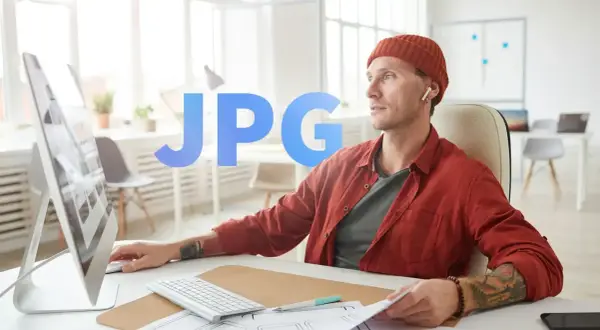 Mężczyzna w czapce i czerwonej koszuli pracuje przy komputerze, tworząc projekt graficzny. Duży napis JPG sugeruje, że pracuje nad plikiem graficznym.