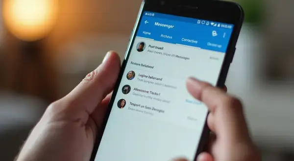 Palec dotyka ekranu telefonu z aplikacją Messenger, szukając sposobu, jak odzyskać usunięte wiadomości z messengera.