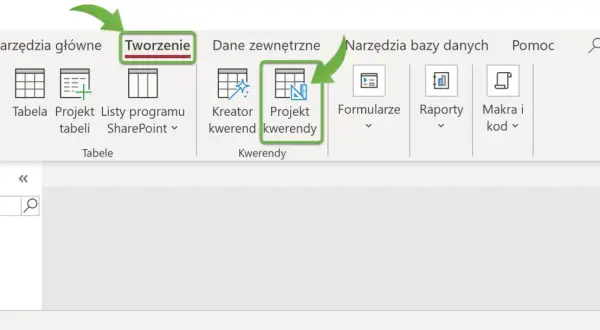 Narzędzie "Projekt kwerendy" w zakładce "Tworzenie" pozwala na budowanie złożonych zapytań do bazy danych.